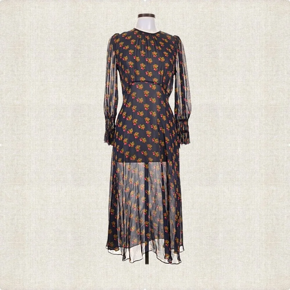 LK BENNETT Wren Blu-navy Multi Crewneck Floral-print Woven Midi Dress Sz 8 - Picture 4 of 8